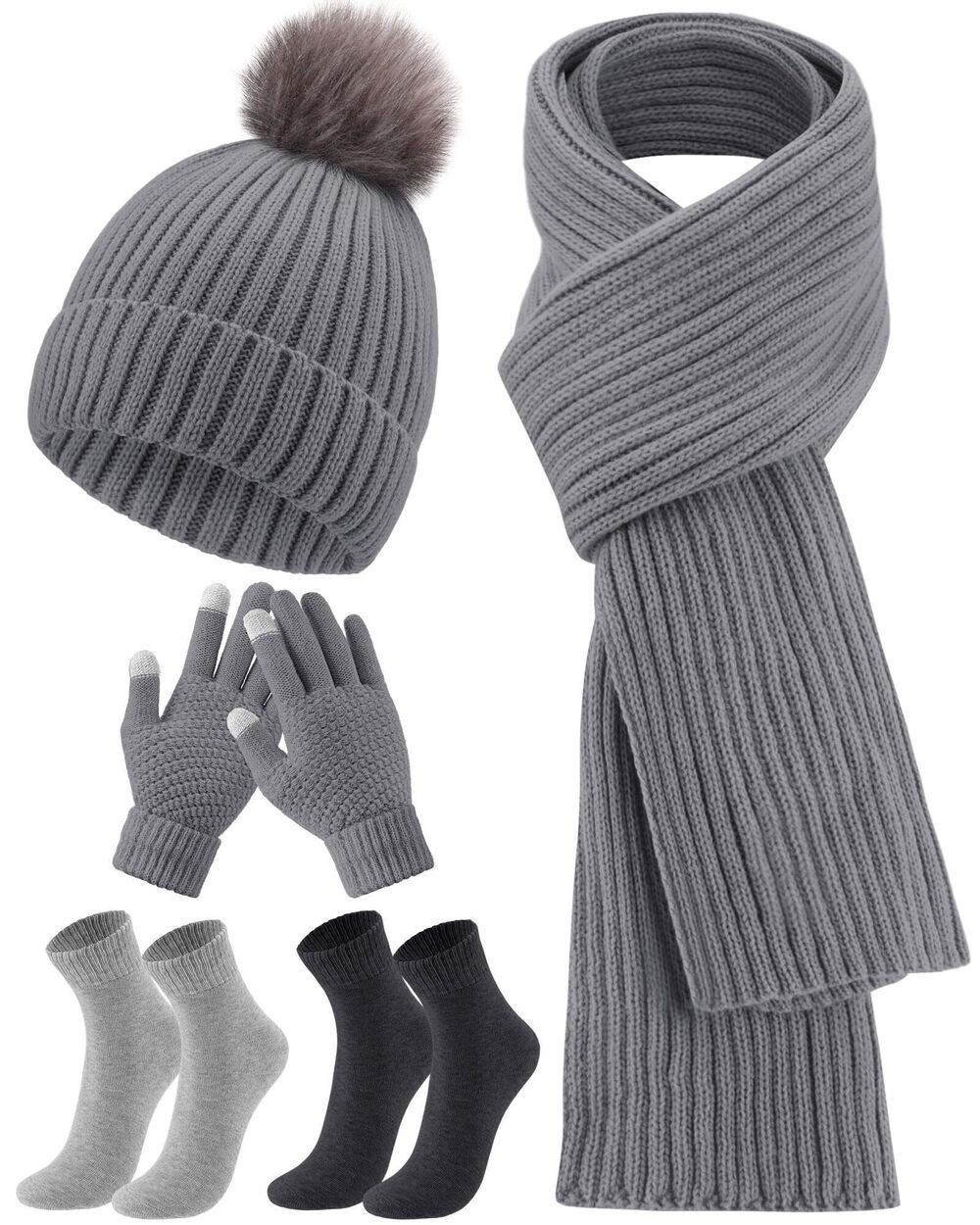 6580 5 Pieces Winter Beanie Hat Scarf Touchscreen Gloves and Thick Socks